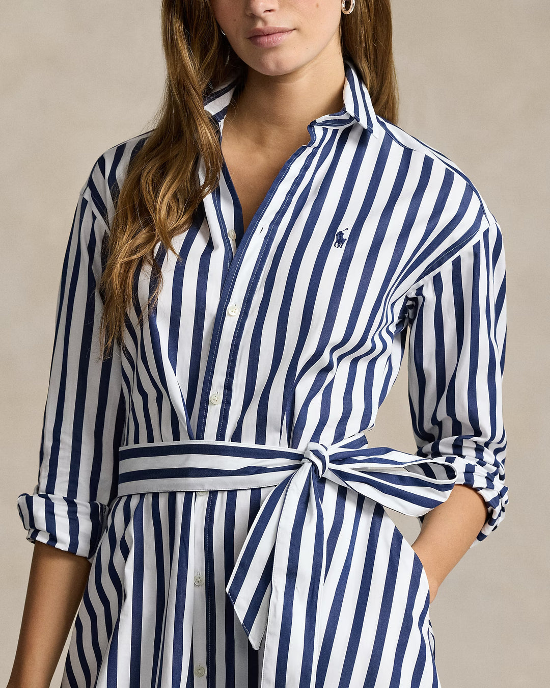 Ralph Lauren Belted Wide-Stripe Cotton Shirtdress