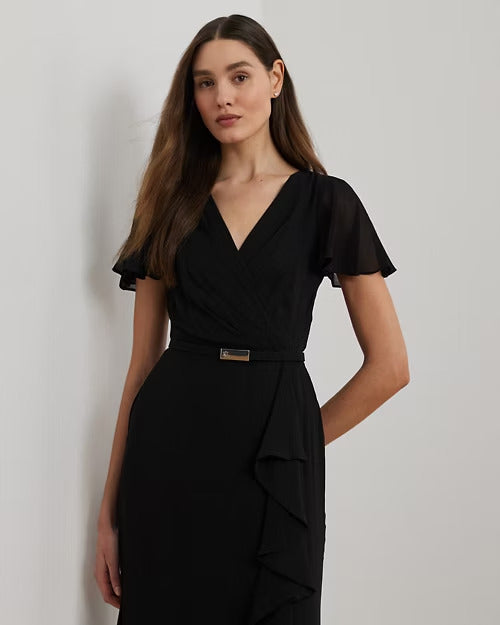 Ralph Lauren Belted Georgette Flutter-Sleeve Gown