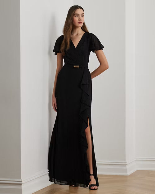 Ralph Lauren Belted Georgette Flutter-Sleeve Gown