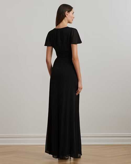 Ralph Lauren Belted Georgette Flutter-Sleeve Gown