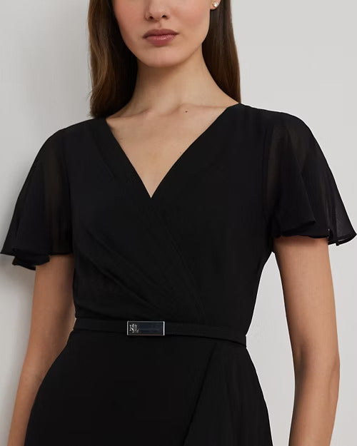 Ralph Lauren Belted Georgette Flutter-Sleeve Gown