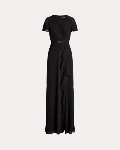 Ralph Lauren Belted Georgette Flutter-Sleeve Gown