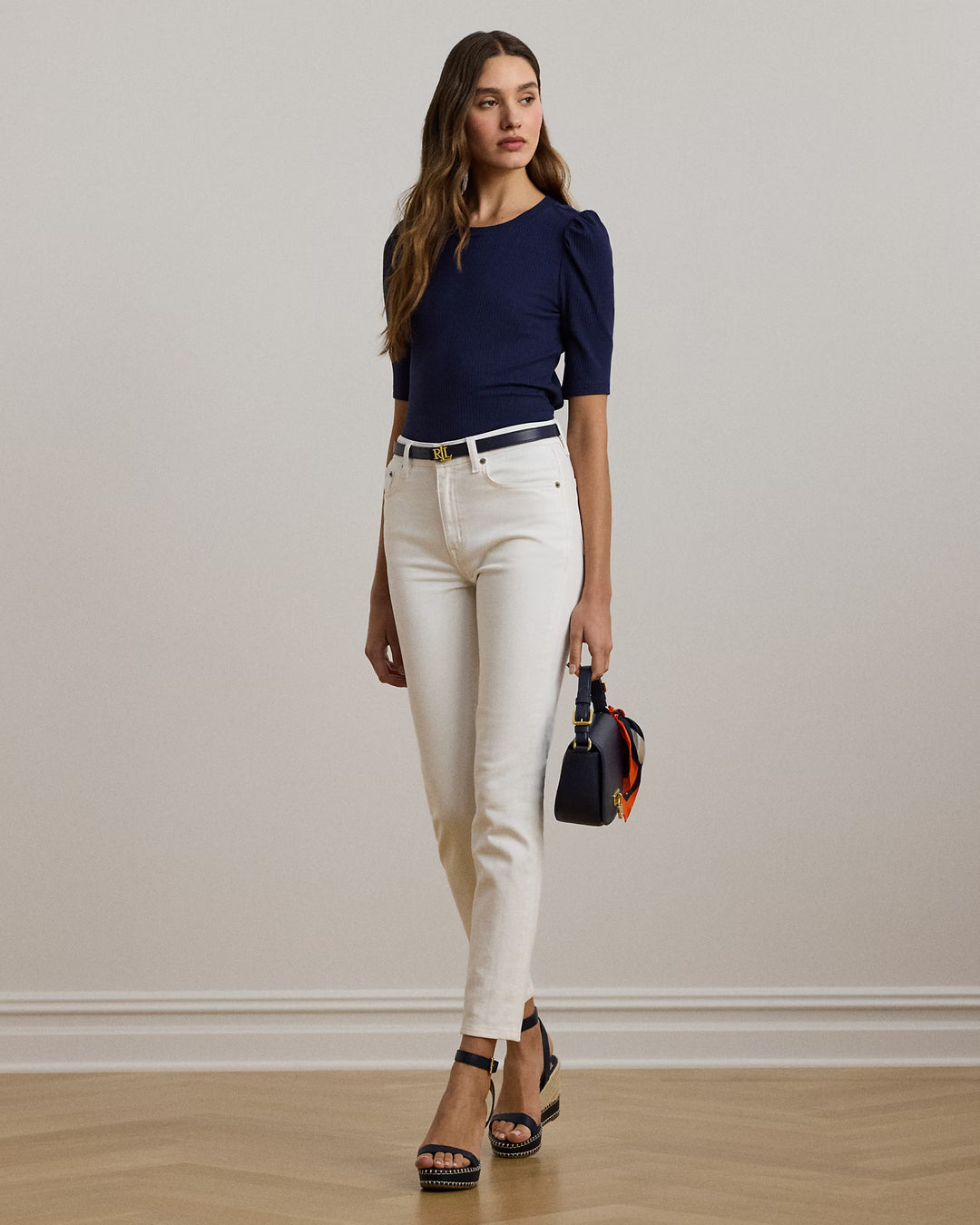 Ralph Lauren Cotton-Blend Rib-Knit Puff-Sleeve Tee