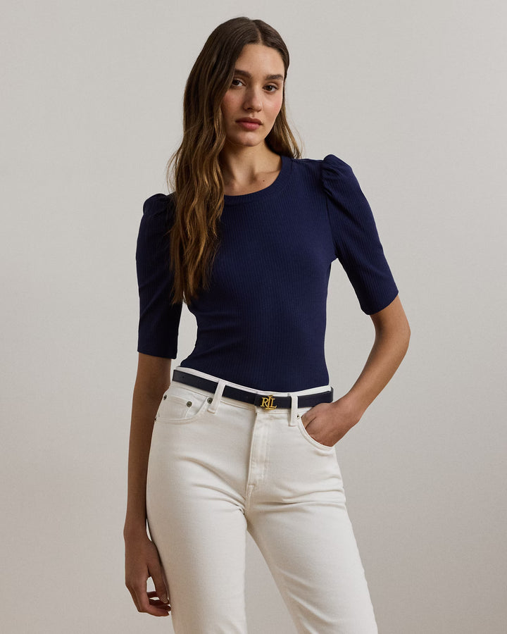 Ralph Lauren Cotton-Blend Rib-Knit Puff-Sleeve Tee
