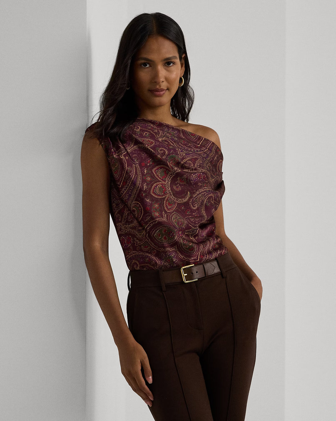 Ralph Lauren Print Charmeuse Off-the-Shoulder Blouse