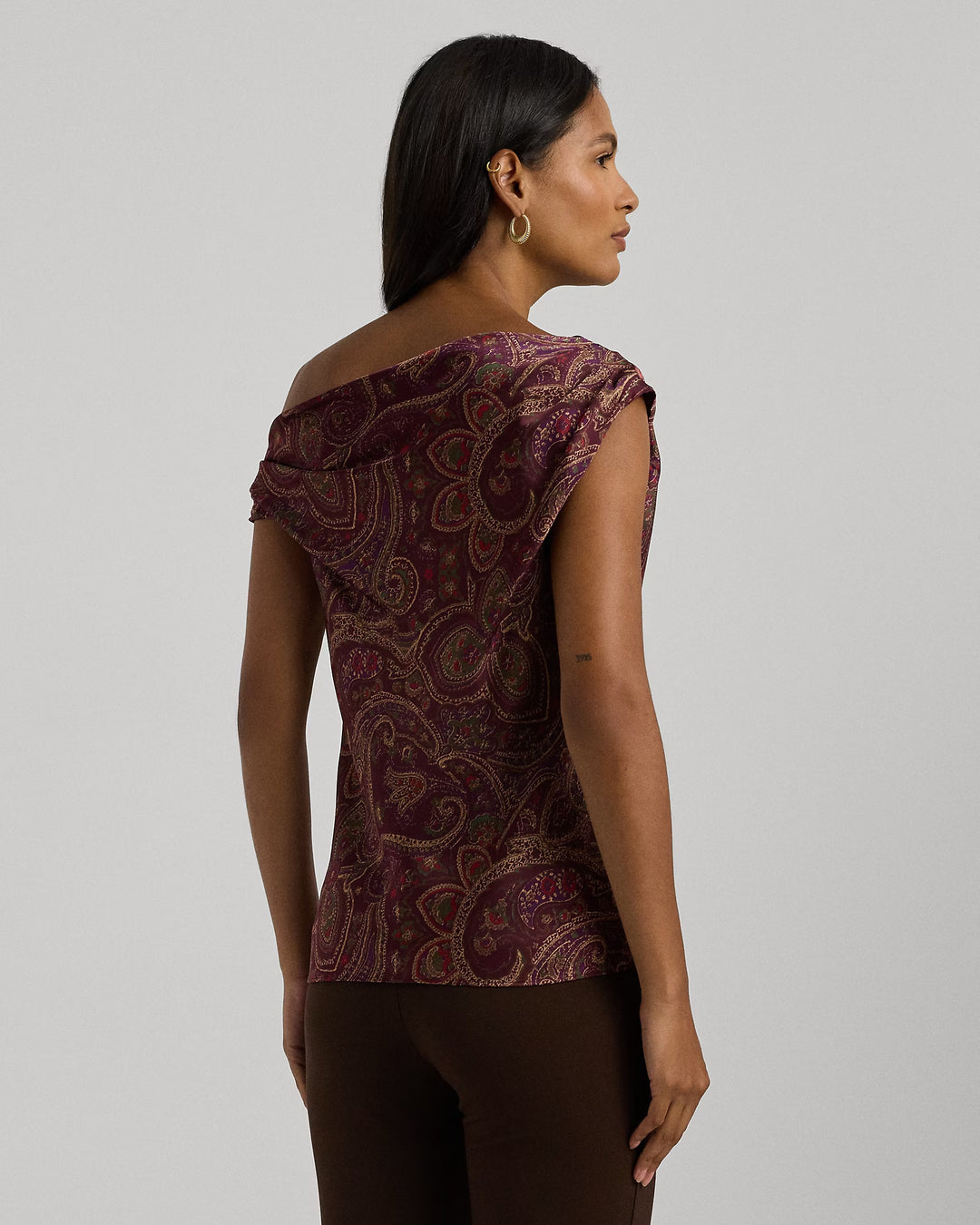 Ralph Lauren Print Charmeuse Off-the-Shoulder Blouse