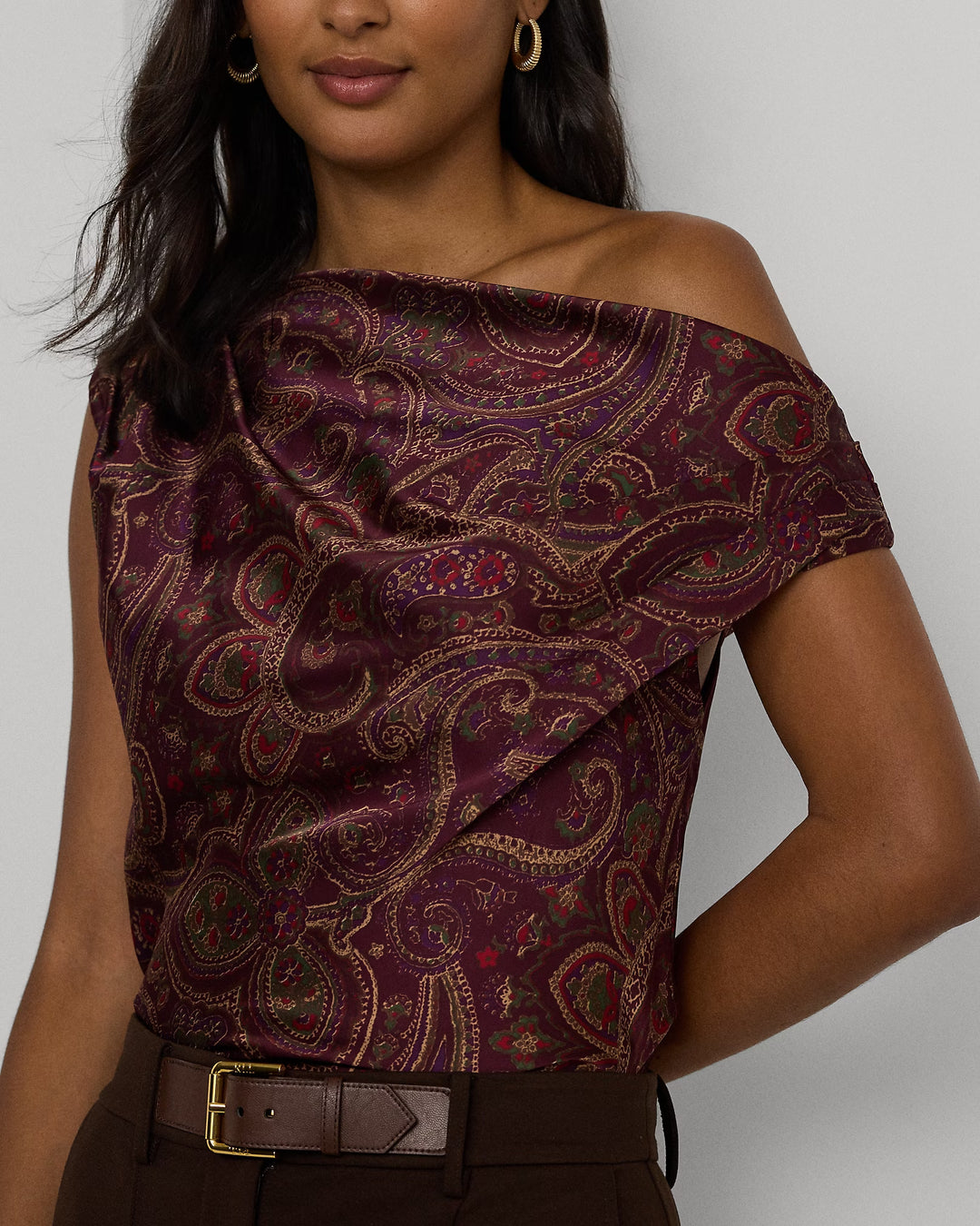 Ralph Lauren Print Charmeuse Off-the-Shoulder Blouse