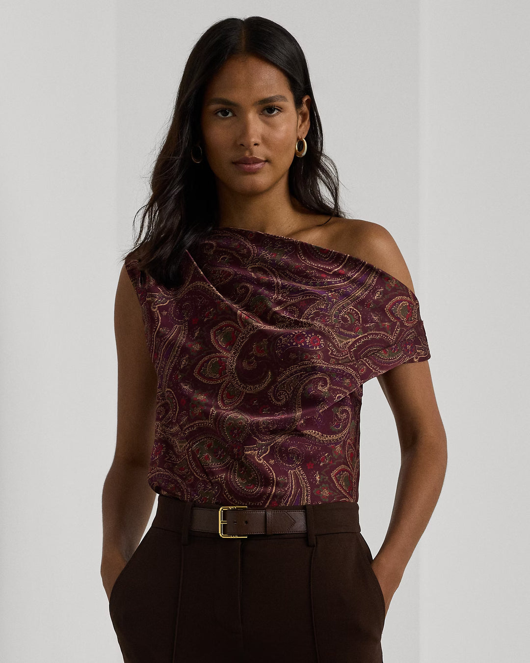 Ralph Lauren Print Charmeuse Off-the-Shoulder Blouse