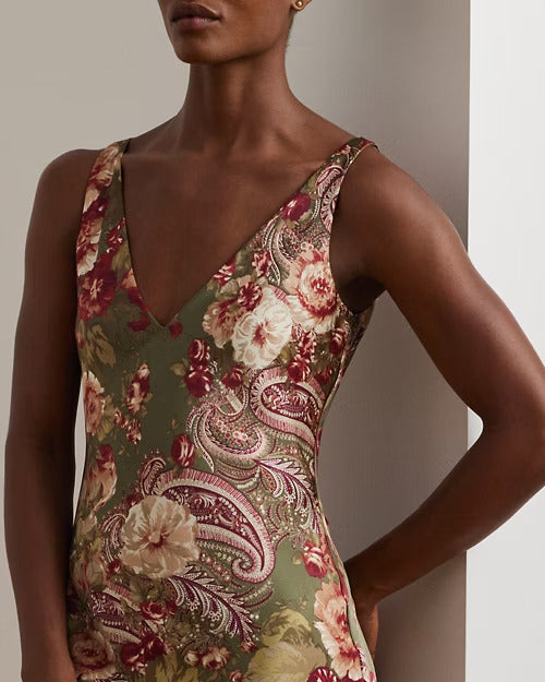 Ralph Lauren Floral Satin Charmeuse Sleeveless Dress