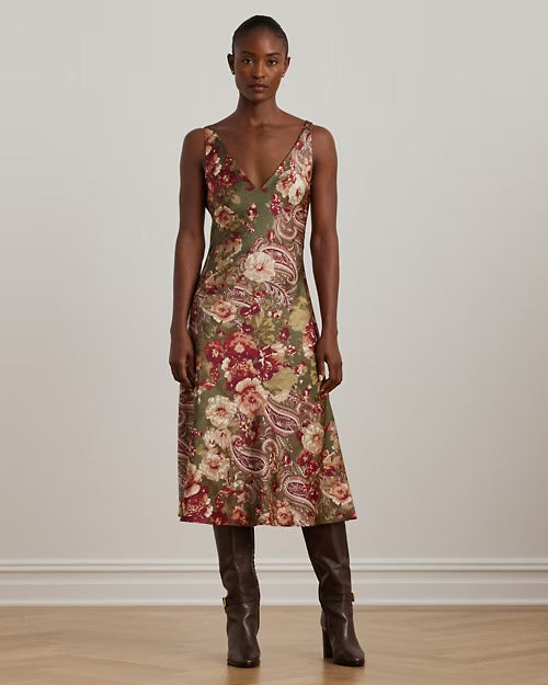 Ralph Lauren Floral Satin Charmeuse Sleeveless Dress
