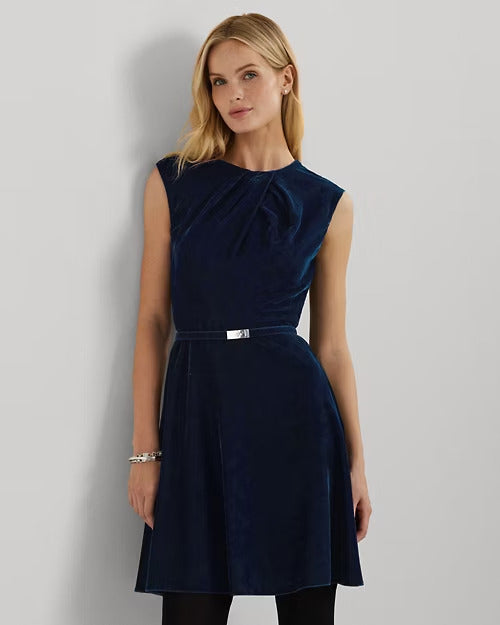 Ralph Lauren Belted Velvet Cap-Sleeve Dress