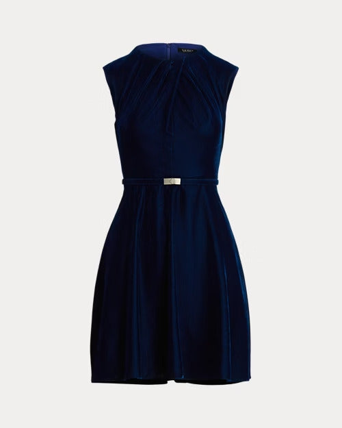 Ralph Lauren Belted Velvet Cap-Sleeve Dress