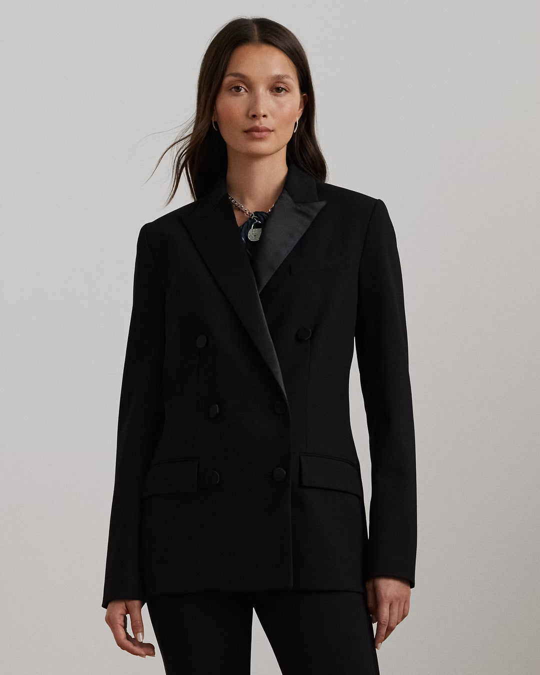 Ralph Lauren Double-Breasted Satin-Trim Crepe Blazer