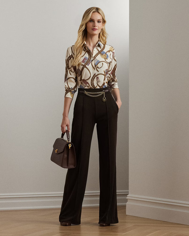 Ralph Lauren Chain-Trim Pleated Jersey Wide-Leg Pant