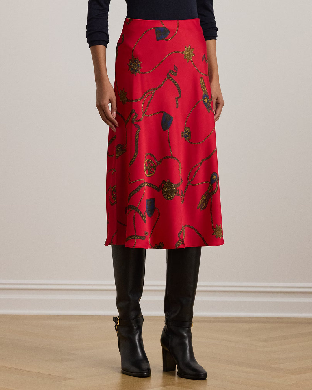 Ralph Lauren Belting-Print Satin Charmeuse Midi Skirt