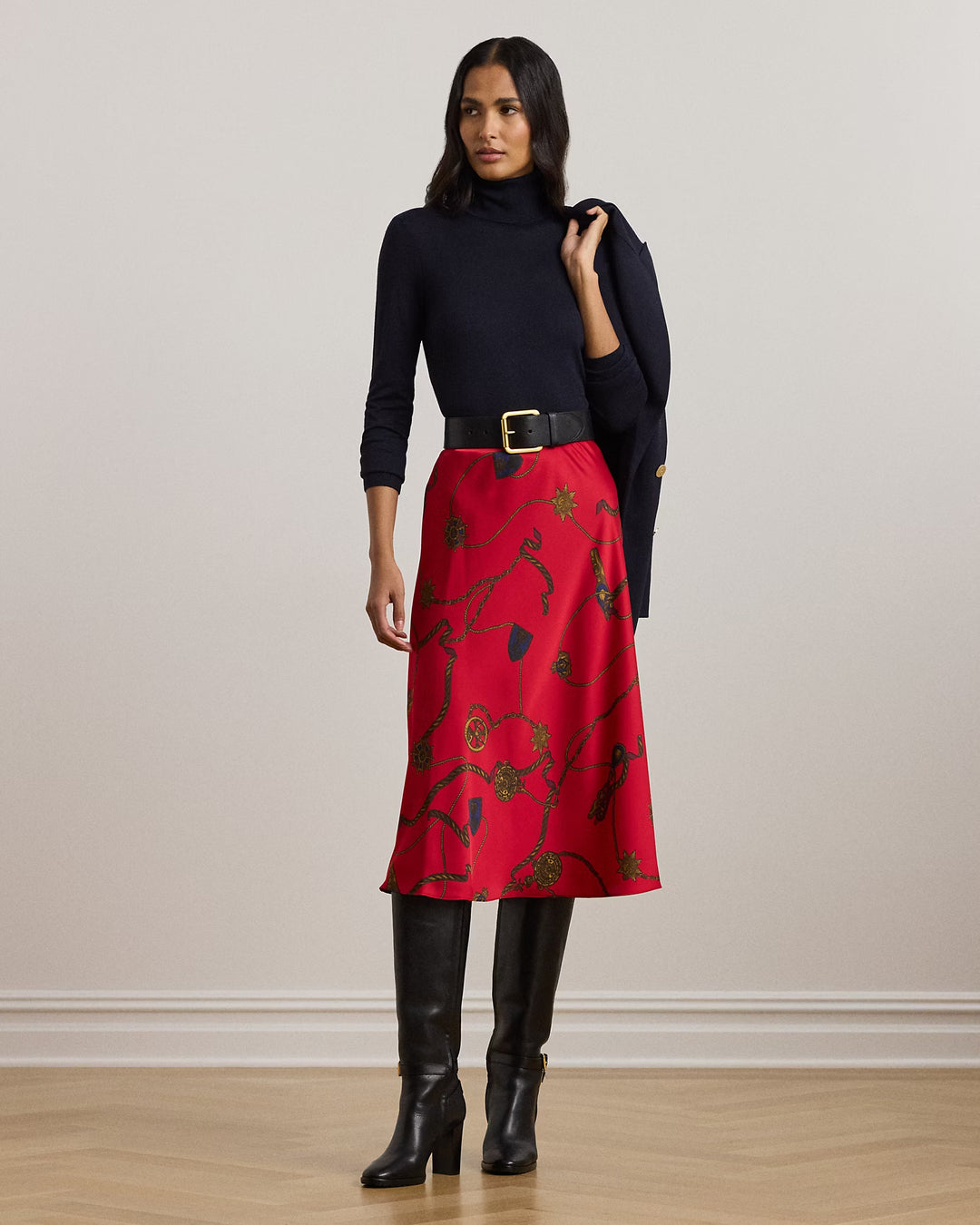 Ralph Lauren Belting-Print Satin Charmeuse Midi Skirt