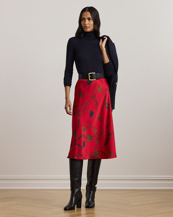 Ralph Lauren Belting-Print Satin Charmeuse Midi Skirt