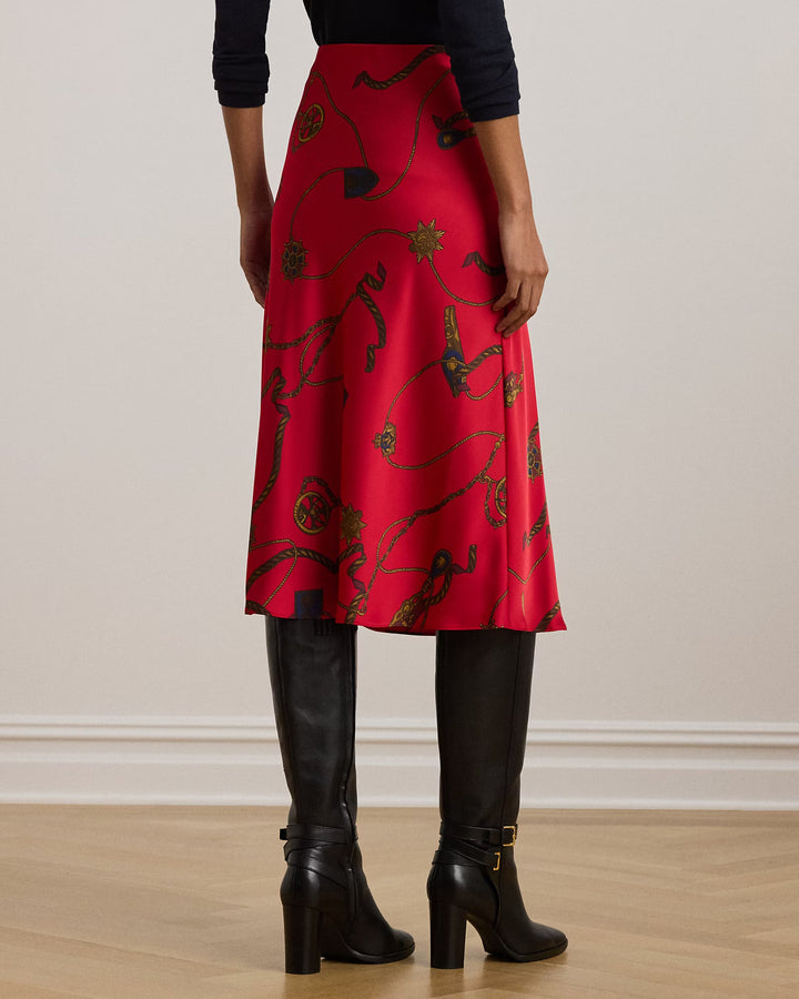 Ralph Lauren Belting-Print Satin Charmeuse Midi Skirt