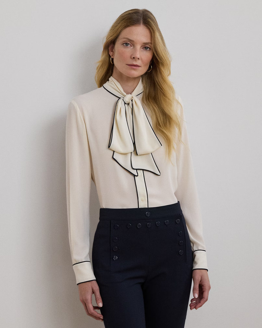 Ralph Lauren Two-Tone Georgette Tie-Neck Blouse