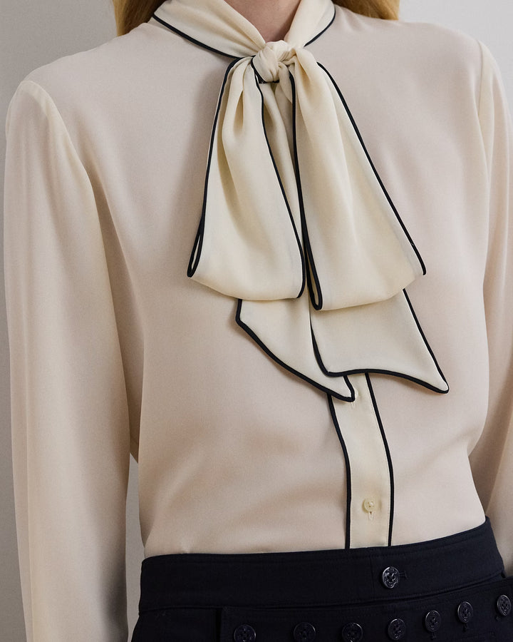 Ralph Lauren Two-Tone Georgette Tie-Neck Blouse