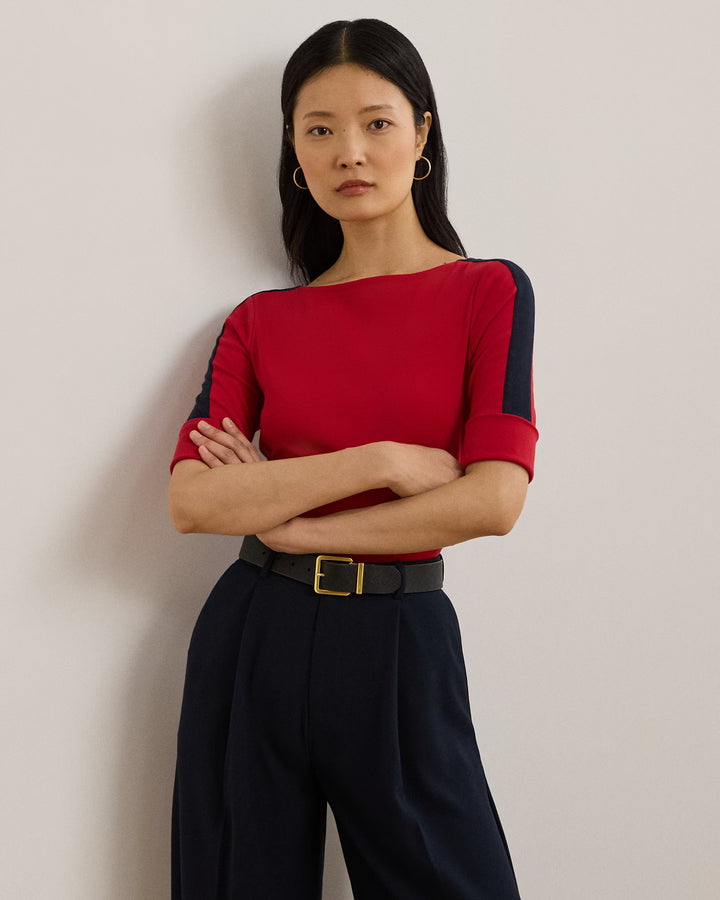 Ralph Lauren Two-Tone Stretch Cotton Elbow-Sleeve Tee