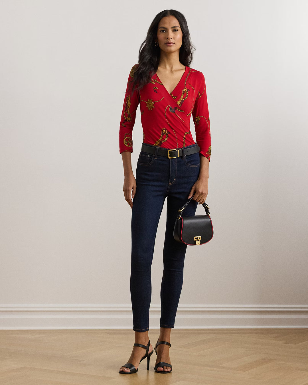 Ralph Lauren Belting-Print Jersey Surplice Top