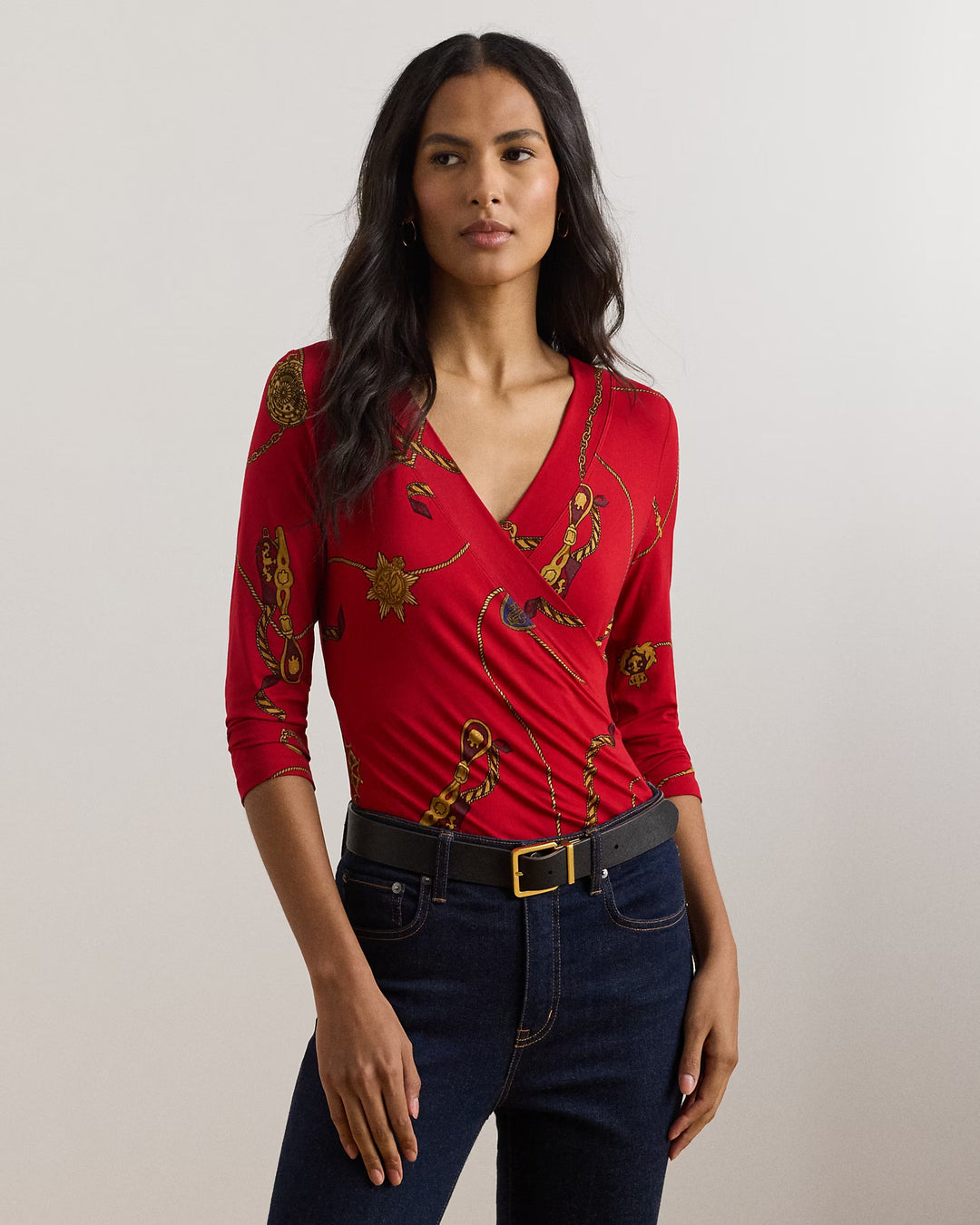 Ralph Lauren Belting-Print Jersey Surplice Top