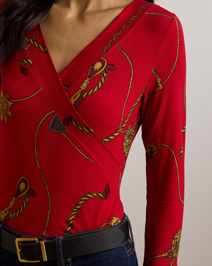 Ralph Lauren Belting-Print Jersey Surplice Top