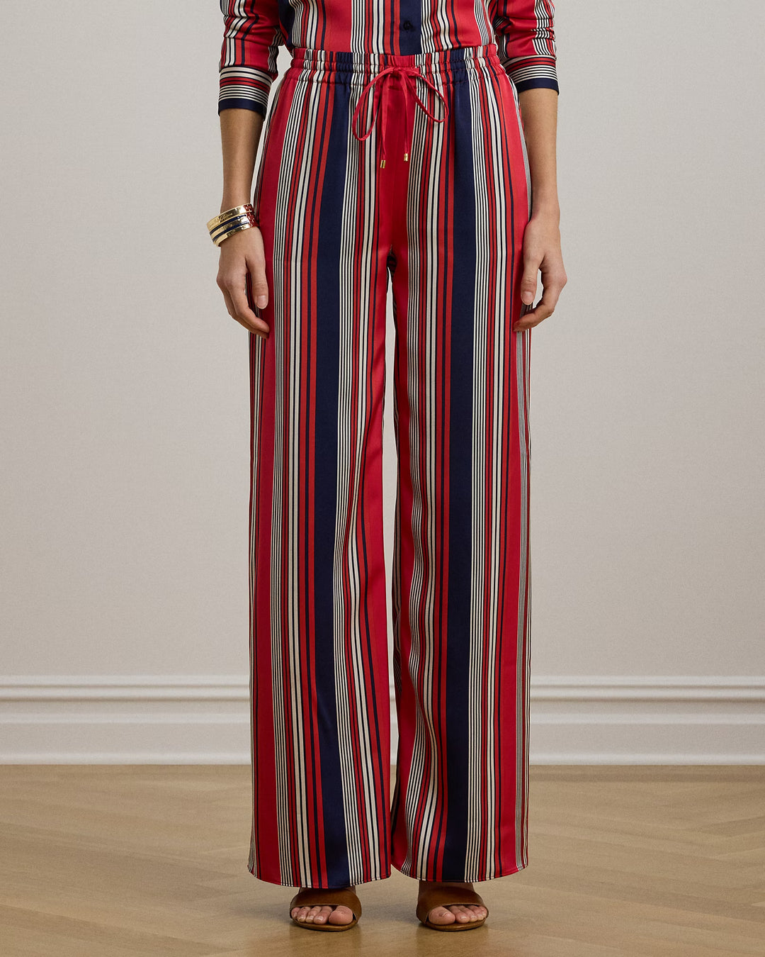 Ralph Lauren Striped Satin Charmeuse Wide-Leg Pant