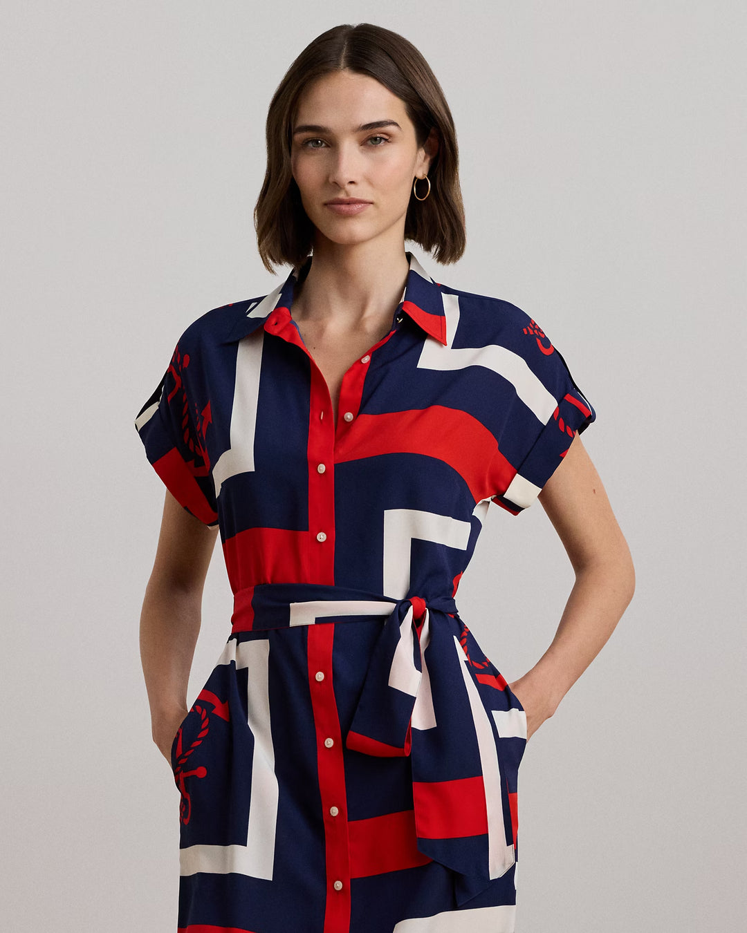 Ralph Lauren Anchor-Print Belted Crepe Shirtdress