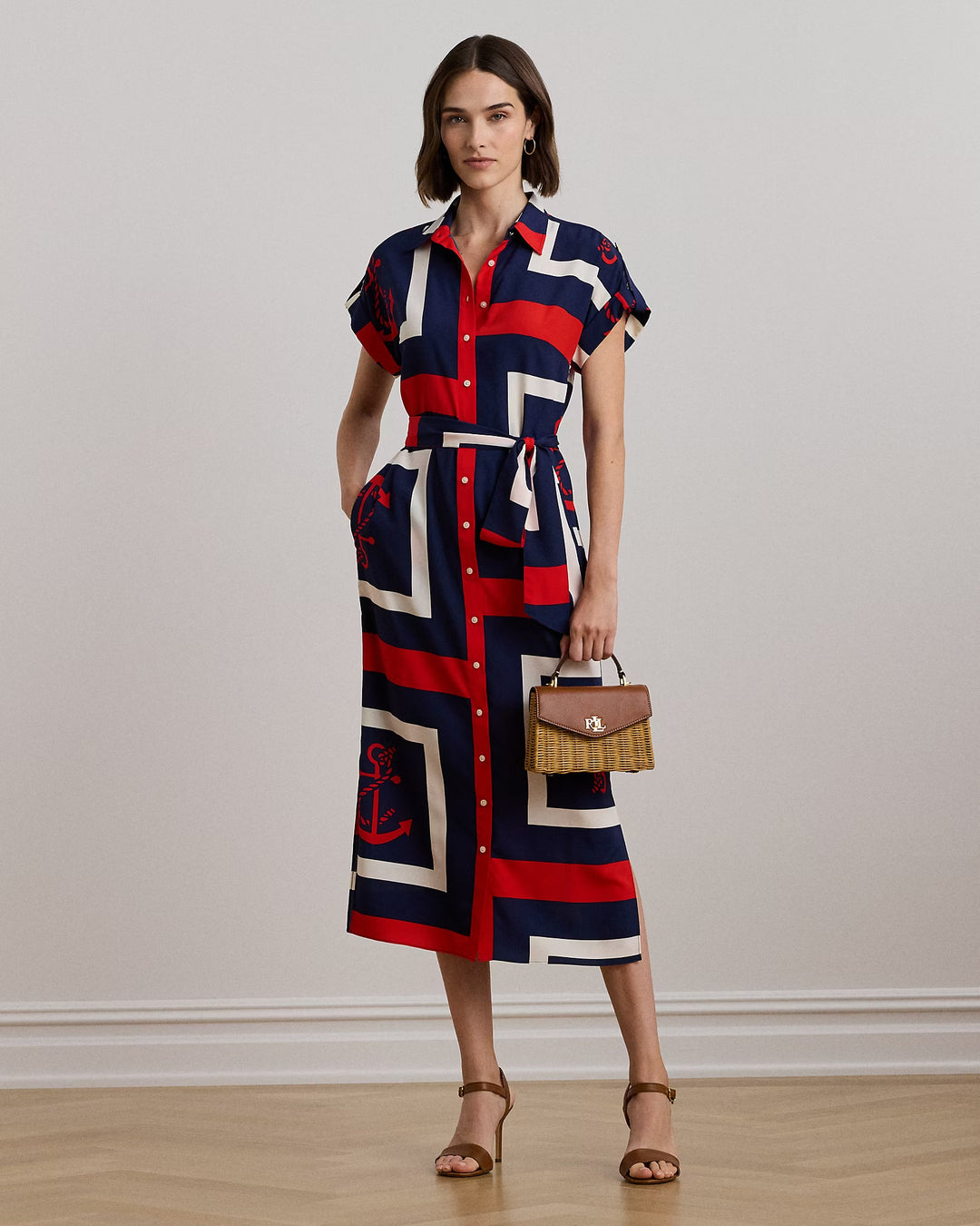 Ralph Lauren Anchor-Print Belted Crepe Shirtdress