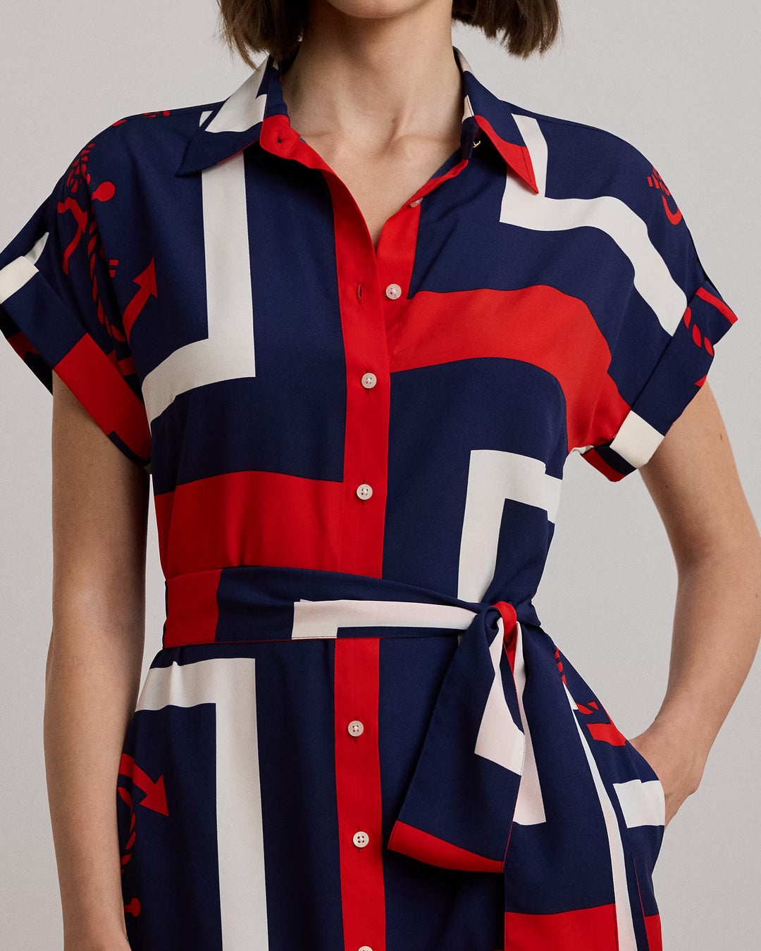 Ralph Lauren Anchor-Print Belted Crepe Shirtdress