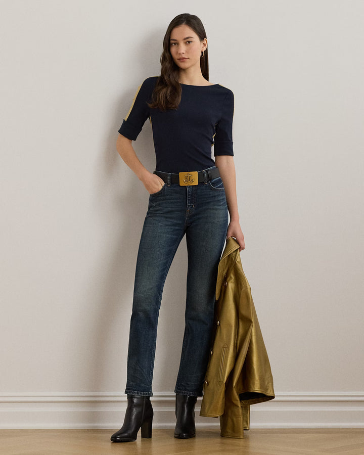 Ralph Lauren Two-Tone Stretch Cotton Elbow-Sleeve Tee