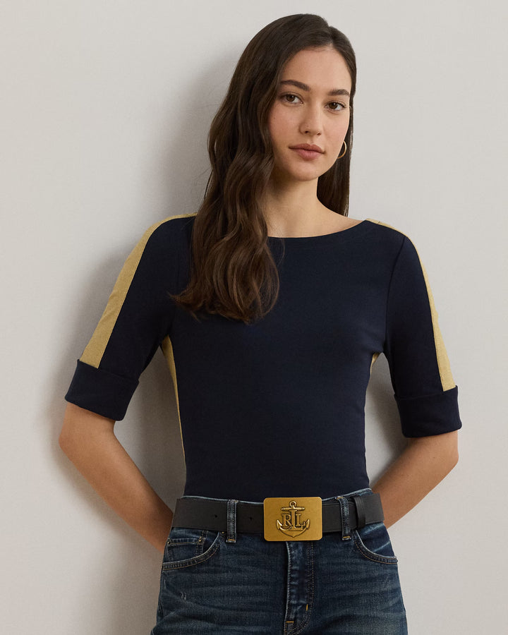 Ralph Lauren Two-Tone Stretch Cotton Elbow-Sleeve Tee
