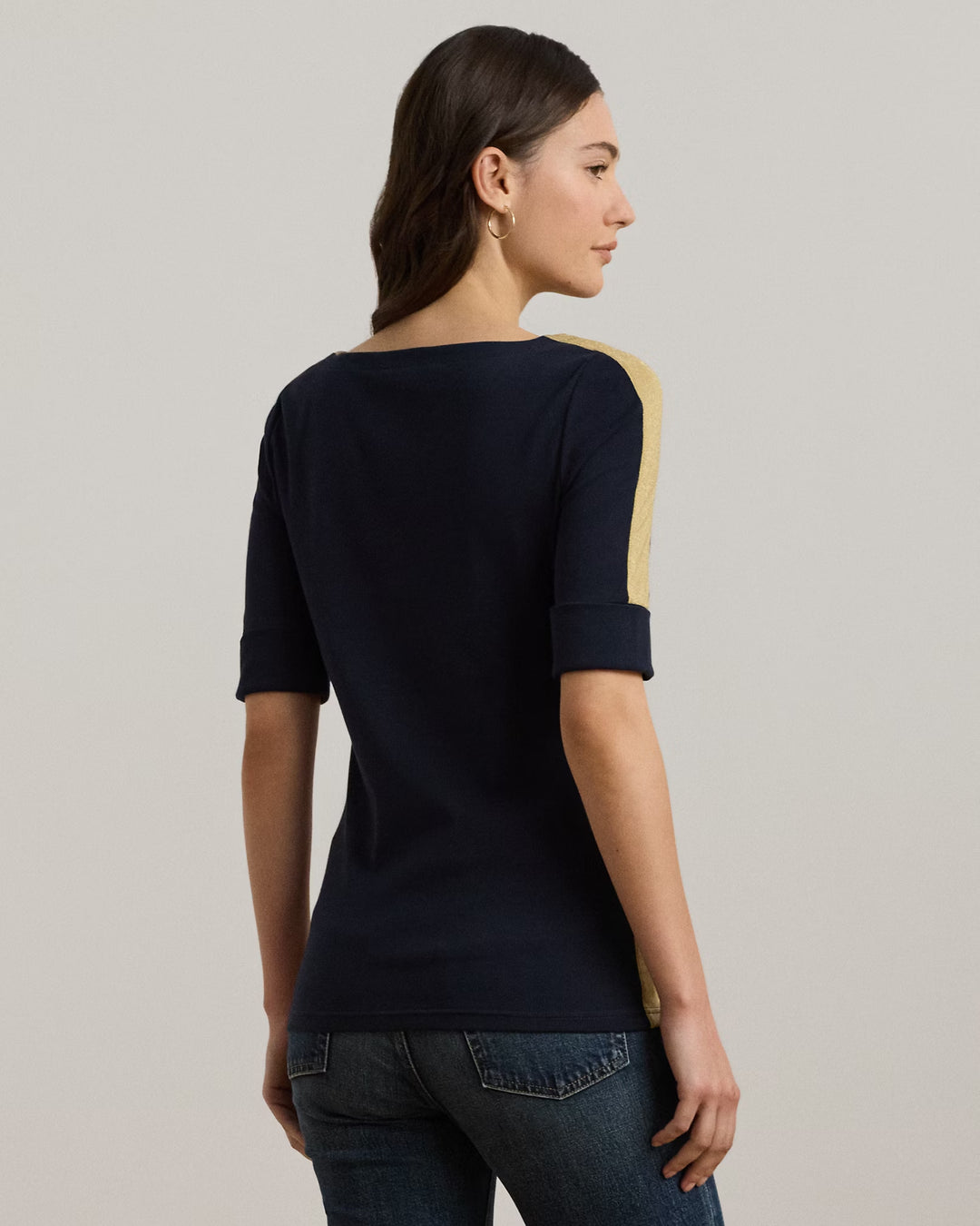 Ralph Lauren Two-Tone Stretch Cotton Elbow-Sleeve Tee