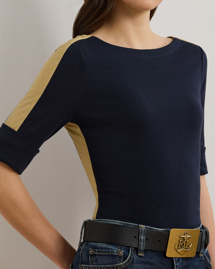 Ralph Lauren Two-Tone Stretch Cotton Elbow-Sleeve Tee