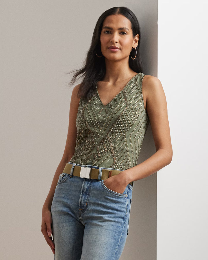 Ralph Lauren Beaded Mesh Sleeveless Blouse