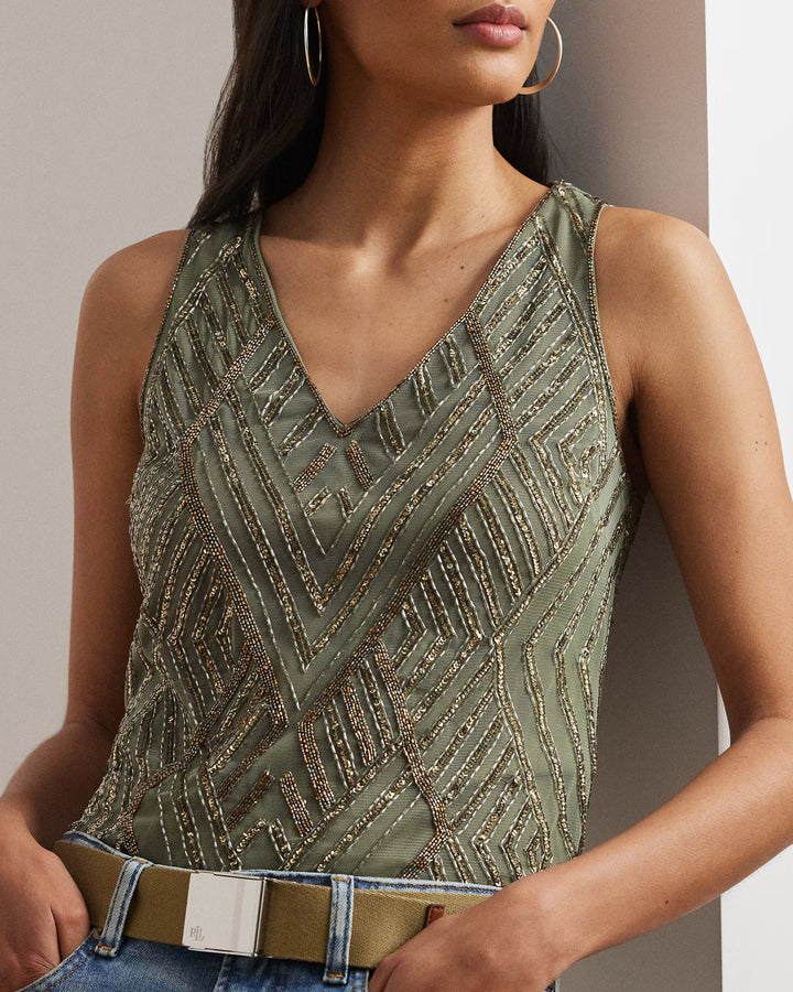 Ralph Lauren Beaded Mesh Sleeveless Blouse