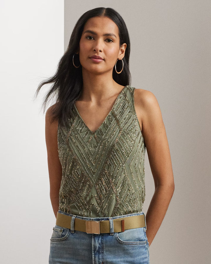 Ralph Lauren Beaded Mesh Sleeveless Blouse