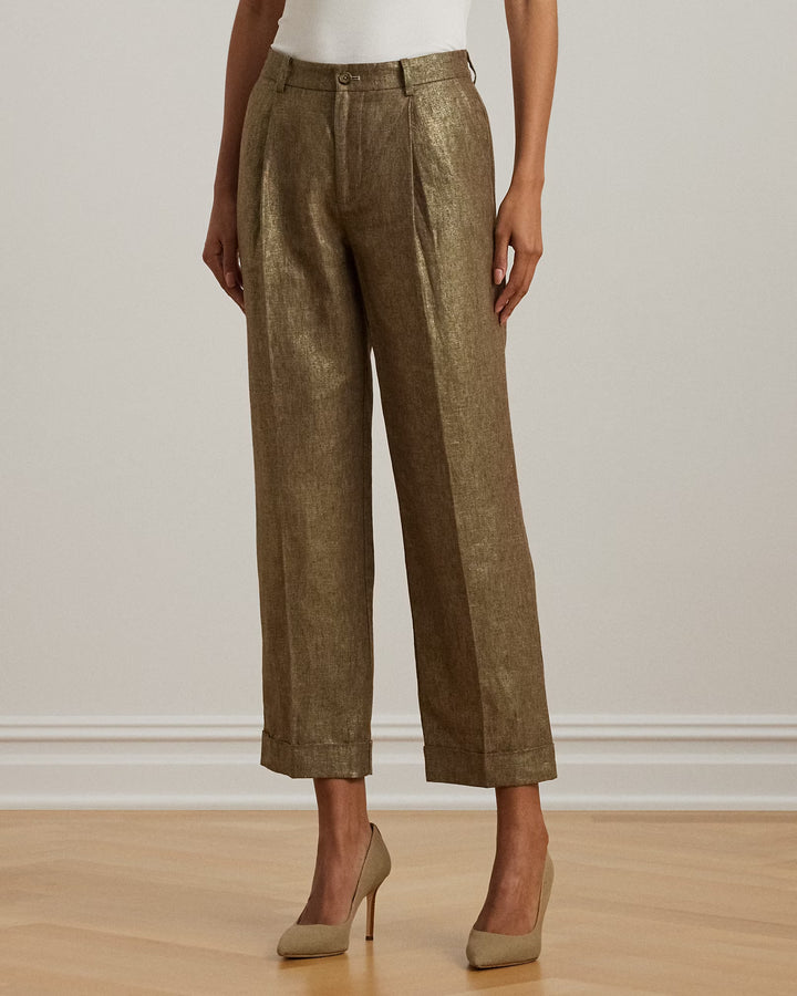 Ralph Lauren Pleated Metallic Linen Cropped Pant