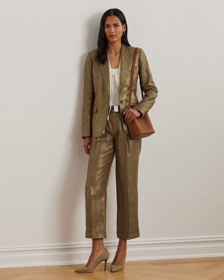 Ralph Lauren Pleated Metallic Linen Cropped Pant