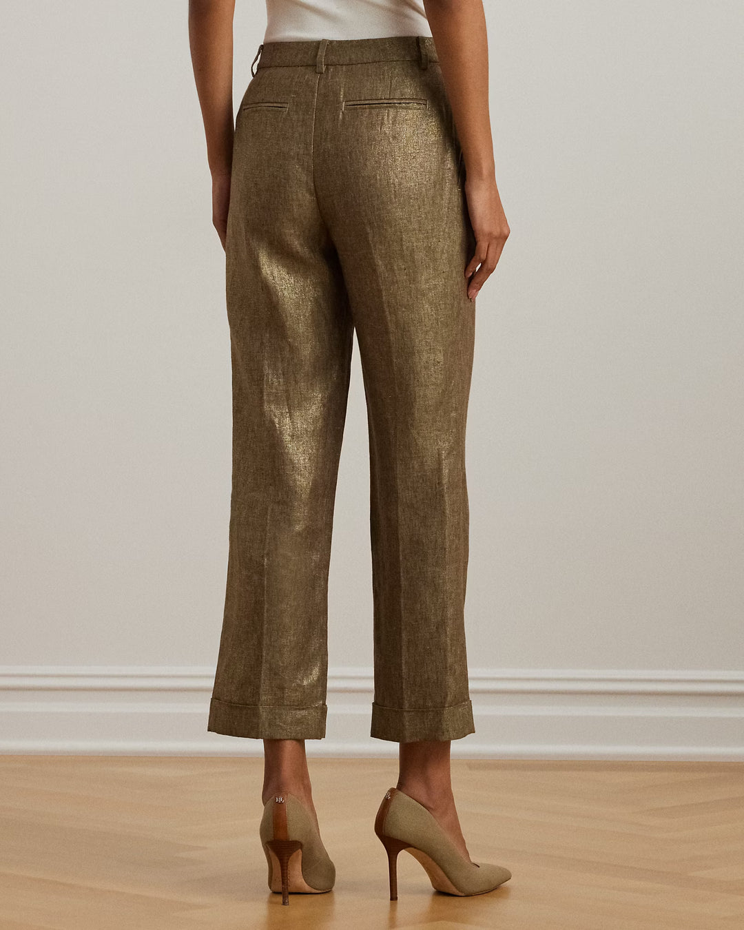 Ralph Lauren Pleated Metallic Linen Cropped Pant