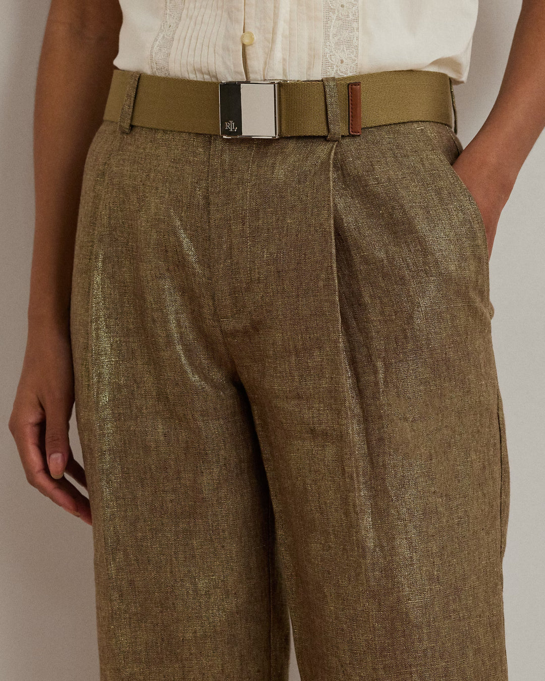 Ralph Lauren Pleated Metallic Linen Cropped Pant