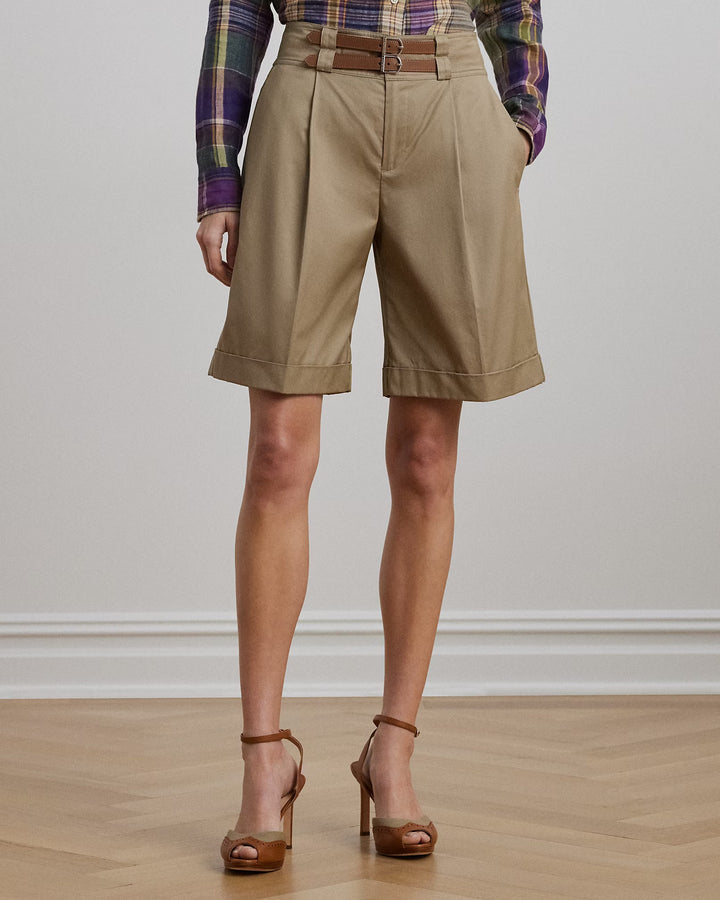 Ralph Lauren Buckle-Trim Pleated Cotton Twill Short
