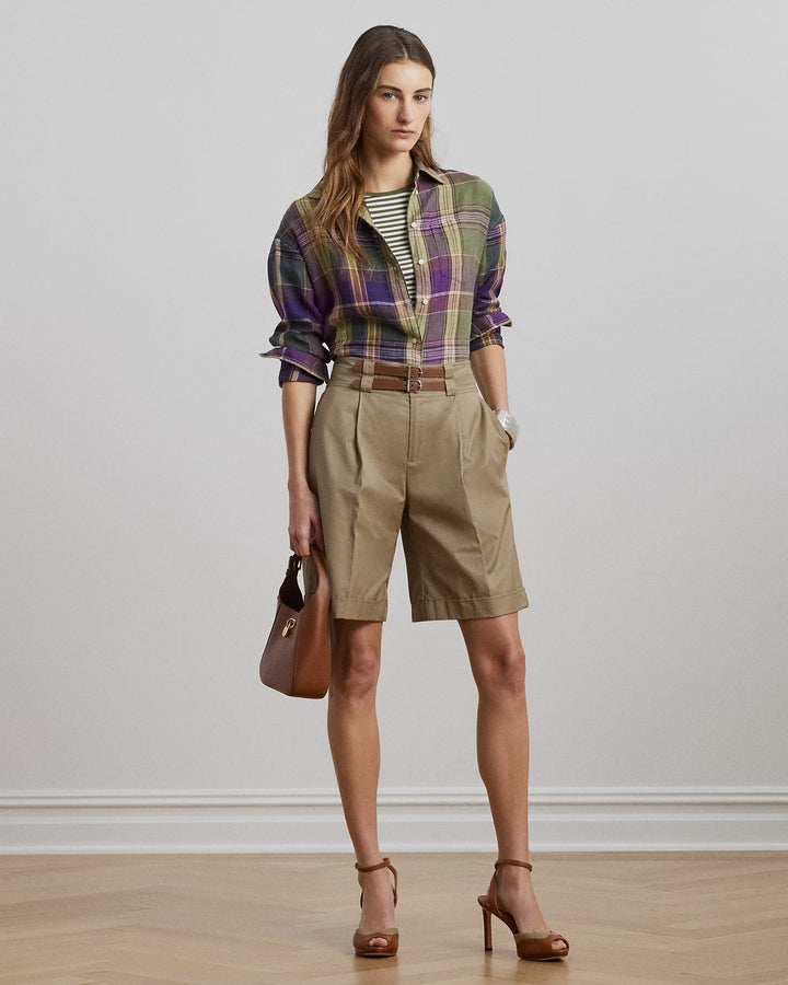 Ralph Lauren Buckle-Trim Pleated Cotton Twill Short