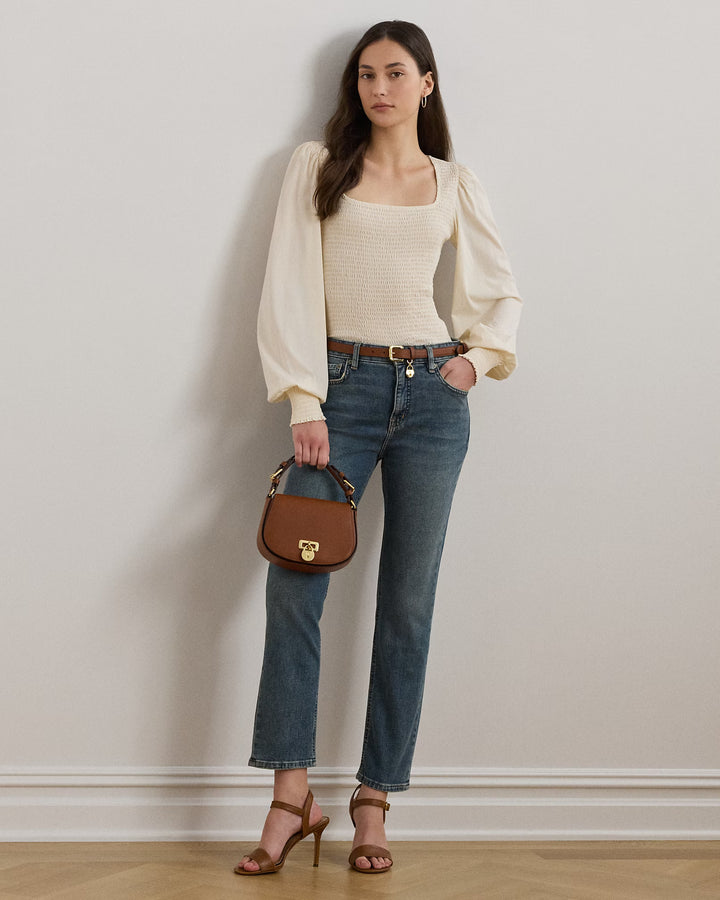 Ralph Lauren Smocked Jersey Blouson-Sleeve Top