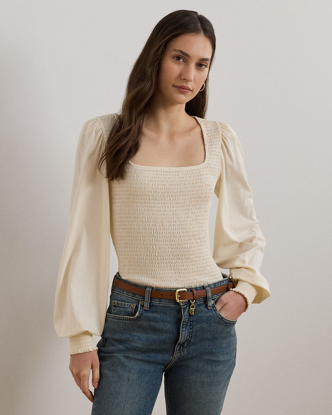 Ralph Lauren Smocked Jersey Blouson-Sleeve Top