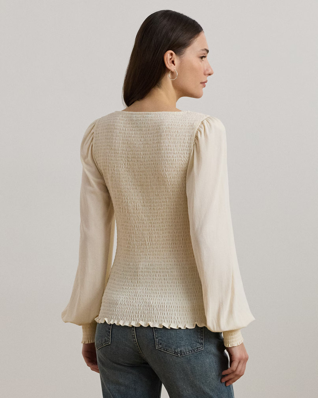 Ralph Lauren Smocked Jersey Blouson-Sleeve Top