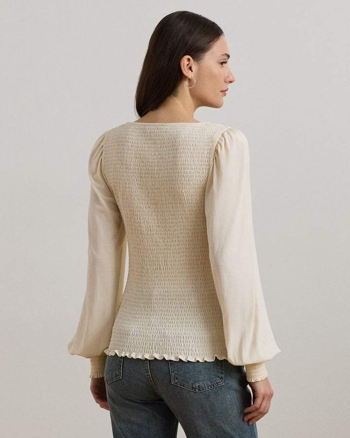 Ralph Lauren Smocked Jersey Blouson-Sleeve Top