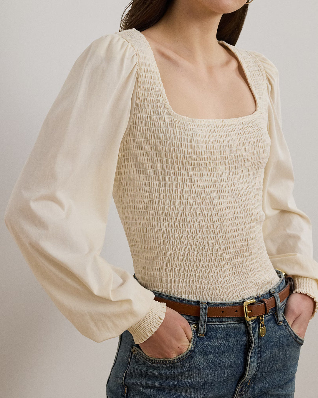 Ralph Lauren Smocked Jersey Blouson-Sleeve Top